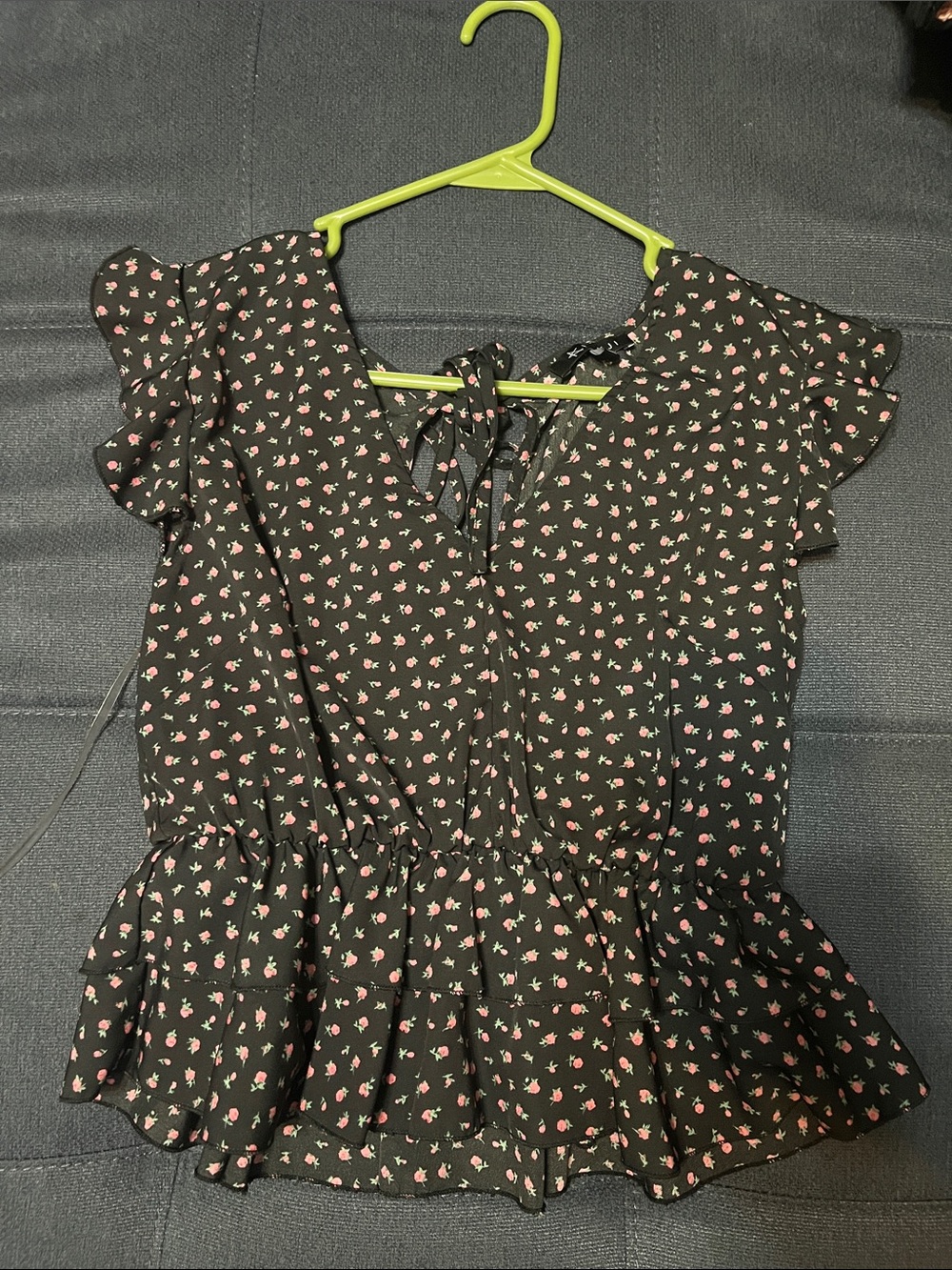 Black Floral Ruffle Peplum Blouse with Tie Neck